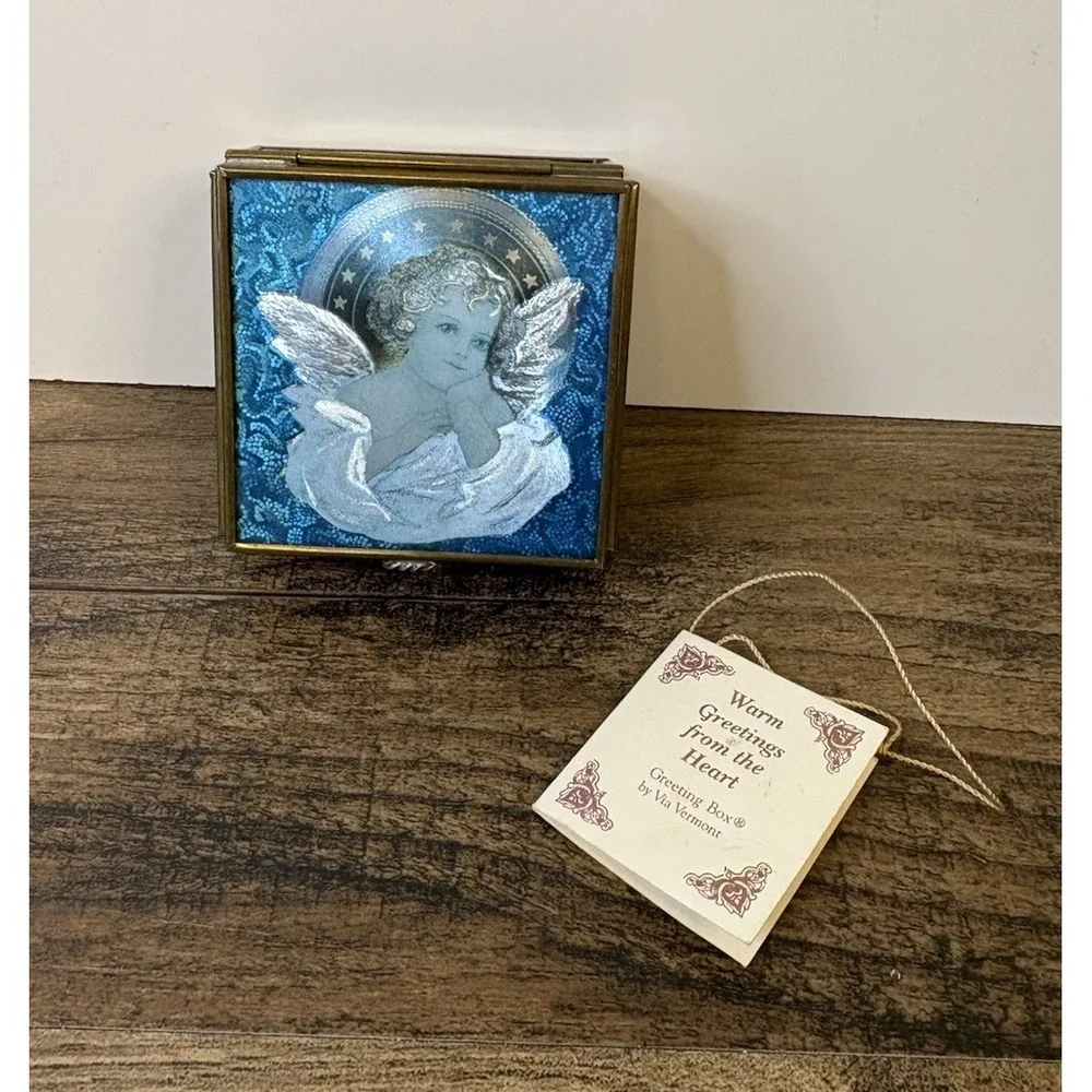 Vintage Iridescent Angel Trinket Jewelry Box Thomas Cathey Metal Glass Blue